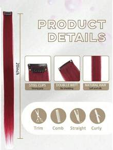 5pcs Colorful Clip-In Hair Extensions, 20-Inch Straight Synthetic Hair Clips For Party Costume, Christmas Or New Year Gift For Girls (Wine Red) - 酒紅色 - 查看 5
