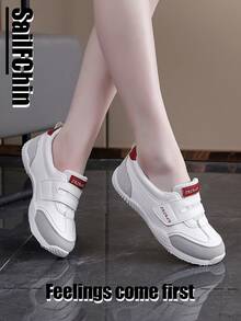Hook-and-Loop leicht an-/ausziehbare Farbblock Sneaker | Farbblock Riemchen Schuhe mit roter Ferse | Rutschfeste, bequeme Schul- und Alltagsschuhe für Frauen mit Hook-and-Loop Verschluss | Farbblock Riemchen Schuhe mit roter Akzentfarbe | Rutschfeste, bequeme Alltagsschuhe zum Spazierengehen - Weiss - Übersicht 3