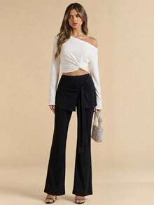 女士不对称领口露脐上衣，扭结细节，长袖 - 白色 - 查看 4