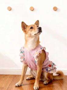 LUCKIE LABO 一件复活节花卉彩蛋印花荷叶袖公主裙，适合吉娃娃、小型犬，优雅芭蕾舞风格吊带裙，室内外宠物服装 - 粉色 - 查看 8