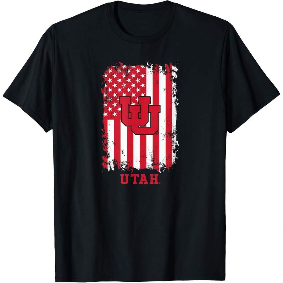 Utah Utes Patriotic Retro An Black T-Shirt All Seasons,220g Pure Cotton Single-Sided Printed Crew Neck Short-Sleeved T-Shirt,Unisex Top,Base Layer - 顏色8 - 查看 1