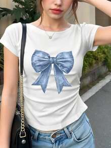 Loopwear Short-Sleeve T-Shirt With Bear Print, Ruched Design, Minimalist And Casual Style For Teenagers - White - View 4