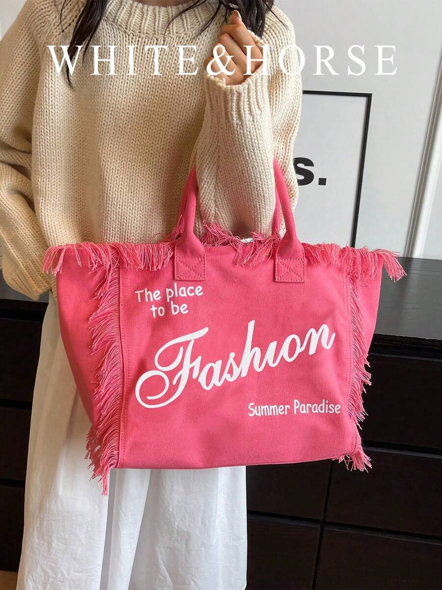 New European And American Large Capacity One Shoulder Tote Bag, Handmade Tassel Print Commuter Handbag - Pink - View 1
