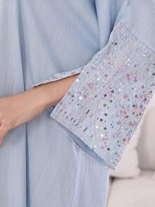 2026 New Style Ramadan Traditional Elegant Embroidered Beaded Dress, Modest Arabic Women's Dress With Small Stand Collar And V-Neck, Blue - Blue - View 4