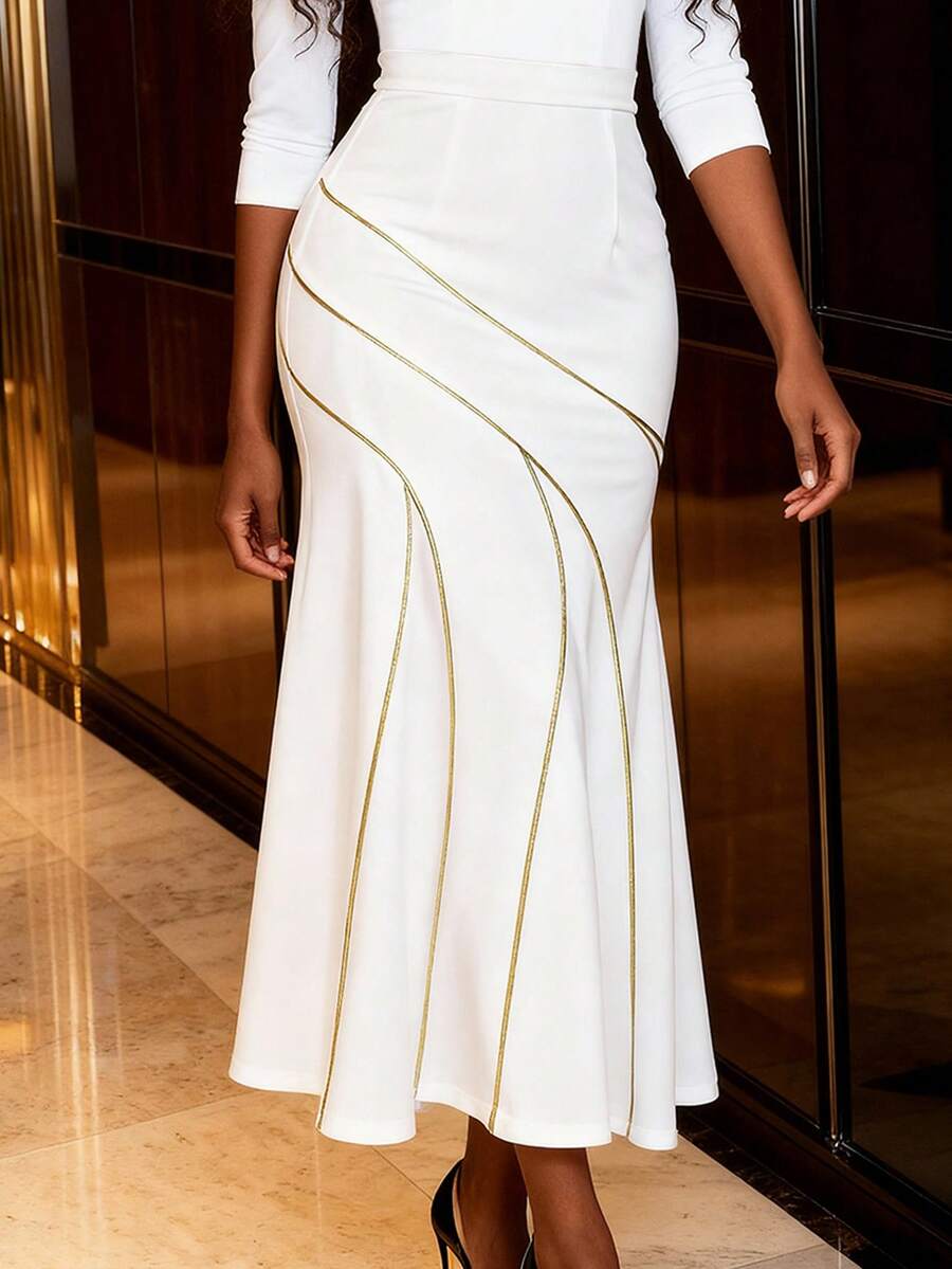 Women Modest White Long Mermaid Pleated Skirt High Waist With Gold Accent Lines Fitted Skirt For Wedding Guest Cocktail Party - White - View 1