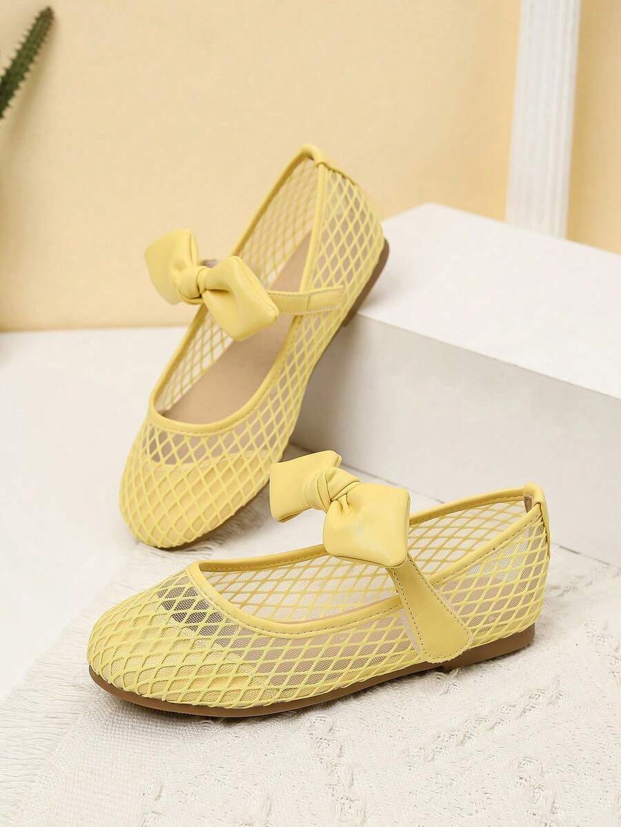 1 Pair Girls' Bow Decor Flat Shoes, Suitable For Spring And Autumn - Yellow - View 1