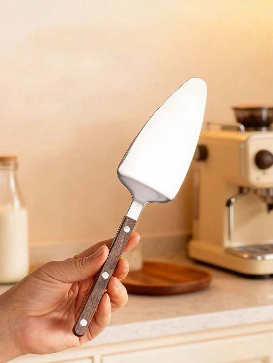 1pc Wooden Handle 304 Stainless Steel Cake Spatula, Pizza Peel, Pancake Turner, Cooking Tool - Brown - View 1