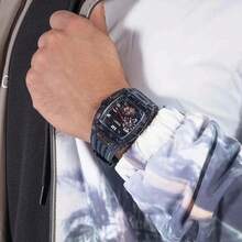 Đồng hồ nam GUESS mặt số lộ máy trong suốt, dây đeo silicon chống nước, chức năng bấm giờ, quà tặng Giáng sinh cho nam giới GW0499G1 - Màu xanh lam - Xem 4