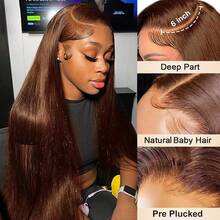 13x6 HD Lace Front Wig Human Blended Hair Straight 13x4HD Lace Front Wig Human Blended Hair Straight 34 Inch - 200% High Density Pre-Plucked Glueless Wig With Baby Hair & Transparent Lace For Women - Brown - View 5