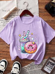 少女印花短袖T恤，学生及年轻女孩夏季休闲上衣 - 紫色 - 查看 3