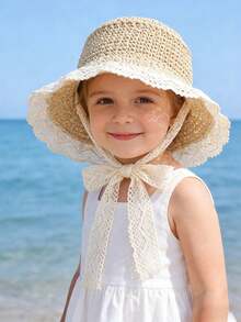 1pc Kids Breathable Lace Trim Bow Sun Hat, Outdoor Beach UV Protection Hat - Beige-lace - View 2