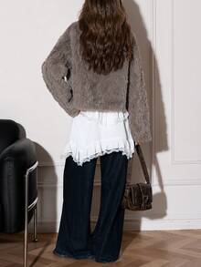 女士短款仿毛领外套，冬季 - 咖啡棕 - 查看 2