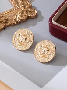 一对手工制作的纹理金色几何圆形狮头耳钉，适合节日送礼，女士金色耳环 - 金黃色 - 查看 2