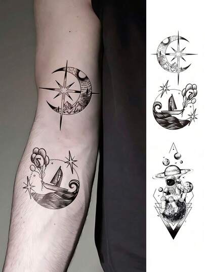 2 Sheets Temporary Body Art Tattoo Stickers Suitable For Women And Men, Punk Style Universe Planet Astronaut Moon Pattern, Waterproof Fake Tattoo, Lasts 2-5 Days, Used On Arms, Neck, Shoulders, Chest, Waist And Legs, Suitable For Festivals, Parties And Music Festivals, Body Art Decorations