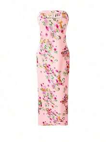 Valentine Outfits For WomenWomen's Floral Digital Print Backless Bodycon Dress, Elegant Sexy Strapless Y2K Party Cocktail Beach Boho Dress, Spring/Summer/AutumnLoose And Comfortablevalentine's Day - 淺粉色 - 查看 4