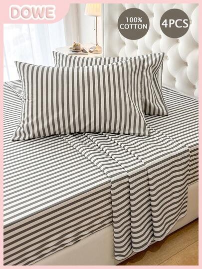 4pcs 100% Cotton Bedding Set, Easy Care, Soft & Skin-Friendly, Includes 1 Bed Sheet, 1 Fitted Sheet, 2 Pillow Cases, Breathable, Comfortable Sleep, Minimalist Style, Great Gift For Parents & Friends