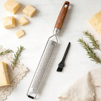 Stainless Steel Handheld Kitchen Cheese Grater, Handheld Cheese Grater With Cleaning Brush, Lemon Zester With Wooden Handle Suitable For Cheese, Chocolate, Spices, Kitchen Gadgets And Tools - Long Board