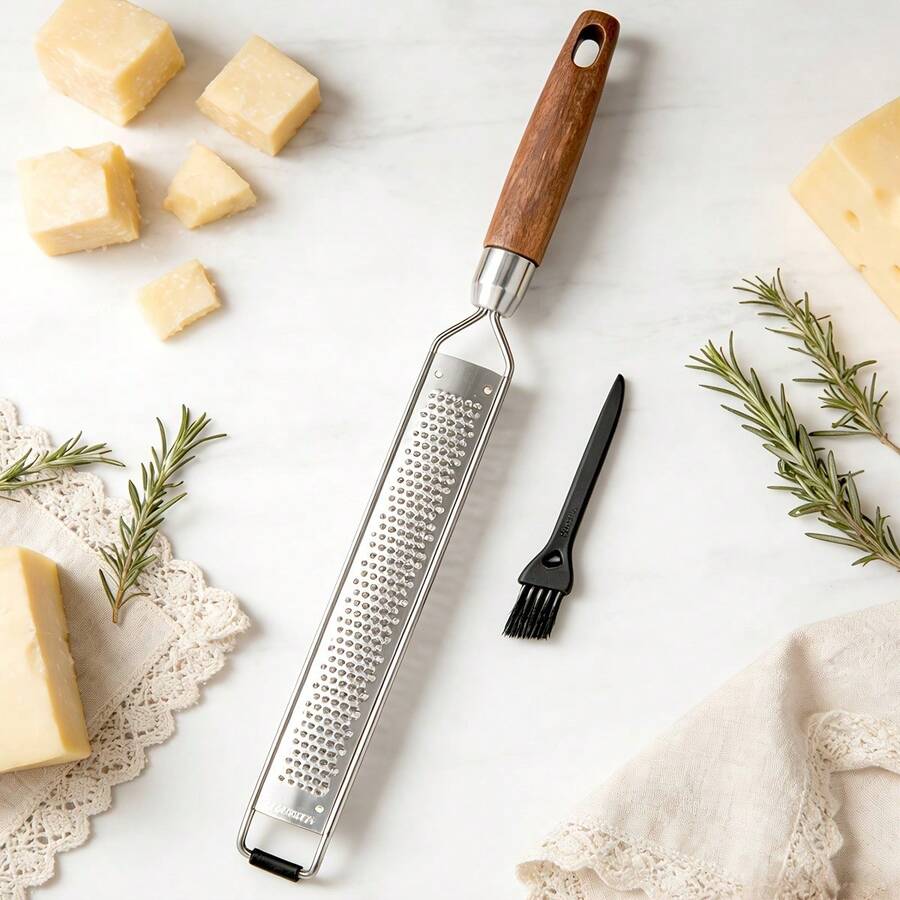 Stainless Steel Handheld Kitchen Cheese Grater, Handheld Cheese Grater With Cleaning Brush, Lemon Zester With Wooden Handle Suitable For Cheese, Chocolate, Spices, Kitchen Gadgets And Tools - Long Board - Multicolor - View 1