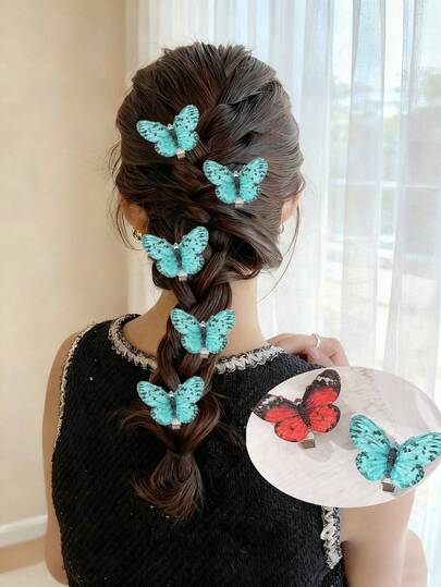 5Pcs 3D Butterfly Hair Clips, Vibrant Red & Teal Lifelike Hairpins For Braided Hairstyles, Multiple Colorful Side Hair Clips For Women