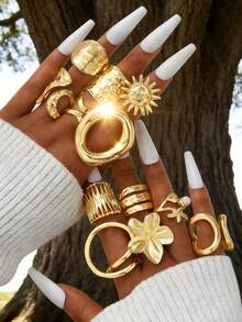 28-6件套复古时尚优雅仿古风格金属多元素彩色仿宝石猫眼石镶嵌闪亮水钻仿珍珠粗锤不规则可调节戒指套装，个性化简约奢华波西米亚Y2K叠戴戒指，男女情侣款，送给女友、家人、夏季假日派对、结婚纪念日的理想礼物 - 彩色 - 查看 6