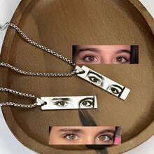 Custom Engraved Photo Bar Necklace, Personalized Eye Portrait Image Pendant, 18K Gold Plated Stainless Steel Square Chain, Emotional Jewelry Gift - Silver Sculpted Eyes - View 5