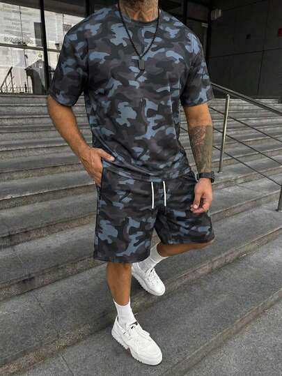 2pcs Men Camouflage Casual Sports Shorts And T-Shirt Set, Fashionable Workout Outfit