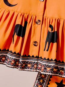 Girls Bohemian Style Set, Orange Camisole Top + Wide Leg Pants With Star & Moon Sheep Print And Bohemian Geometric Trim, Loose 2-Piece Outfit For Beach, Casual, Party, Spring/Summer - Orange - View 8