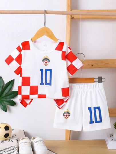 2pcs Young Boy Summer Quick Dry Mesh #10 Print Crew Neck Short Sleeve T-Shirt And Shorts Set, Lightweight, Breathable, Fashionable Casual Sportswear Outfit For Boys, Suitable For Outdoor Activities And Daily Wear