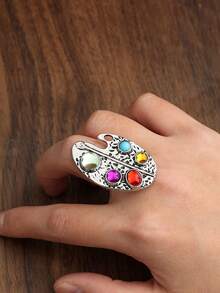 Vintage Distressed Painter's Palette Ring, Colorful Synthetic Gemstone Artistic Style Open Ring - Silver - View 3