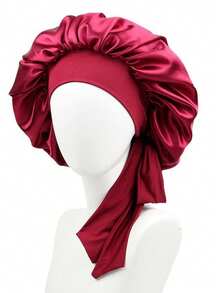 1件装女士春夏仿丝双层弹力缎带睡帽，高品质缎面蝴蝶结宽檐头巾帽，美容护发，双面可用，直径36厘米 - 彩色 - 查看 5