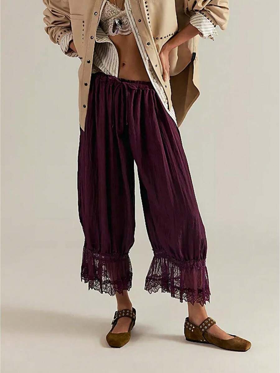 Women Lace Trim Long Bloomers Y2k Elastic Mid Rise Ruffle Victorian Pantaloons Cropped Flared Slips Pants Pumpkin Pants - 酒紅色 - 查看 1