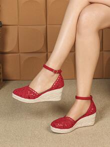Giày sandal nữ đế xuồng bằng vải lanh, dây thừng, ren, khoét lỗ, mũi tròn, kiểu dáng casual, thoáng khí, gót dày, kiểu sandal ngư dân, đa năng. - Đỏ - Xem 17