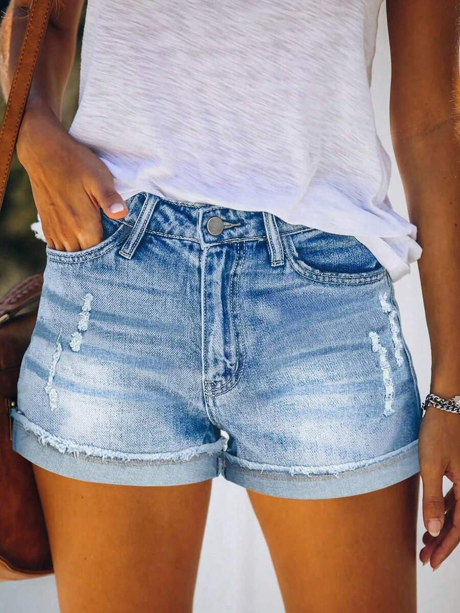 女士时尚休闲水洗牛仔短裤 - 淺藍 - 查看 1