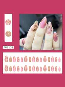 30片装短款杏仁形假指甲，3D猫眼镀金花藤优雅美甲套装，全覆盖可卸美甲套装，适合女士派对、舞会和日常佩戴 - 珊瑚粉 - 查看 2