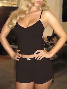 2pcs/Set Summer Sexy V-Neck Slim Camisole And Loose Shorts Set - Brown - View 5