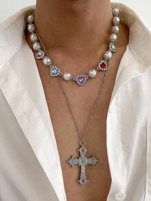 2件套嘻哈风3D镶嵌爱心水钻十字架吊坠仿珍珠几何细链项链套装，摇滚朋克时尚日常休闲街头风情侣魅力百搭时尚男士项链礼物 - 項鍊 - 查看 3
