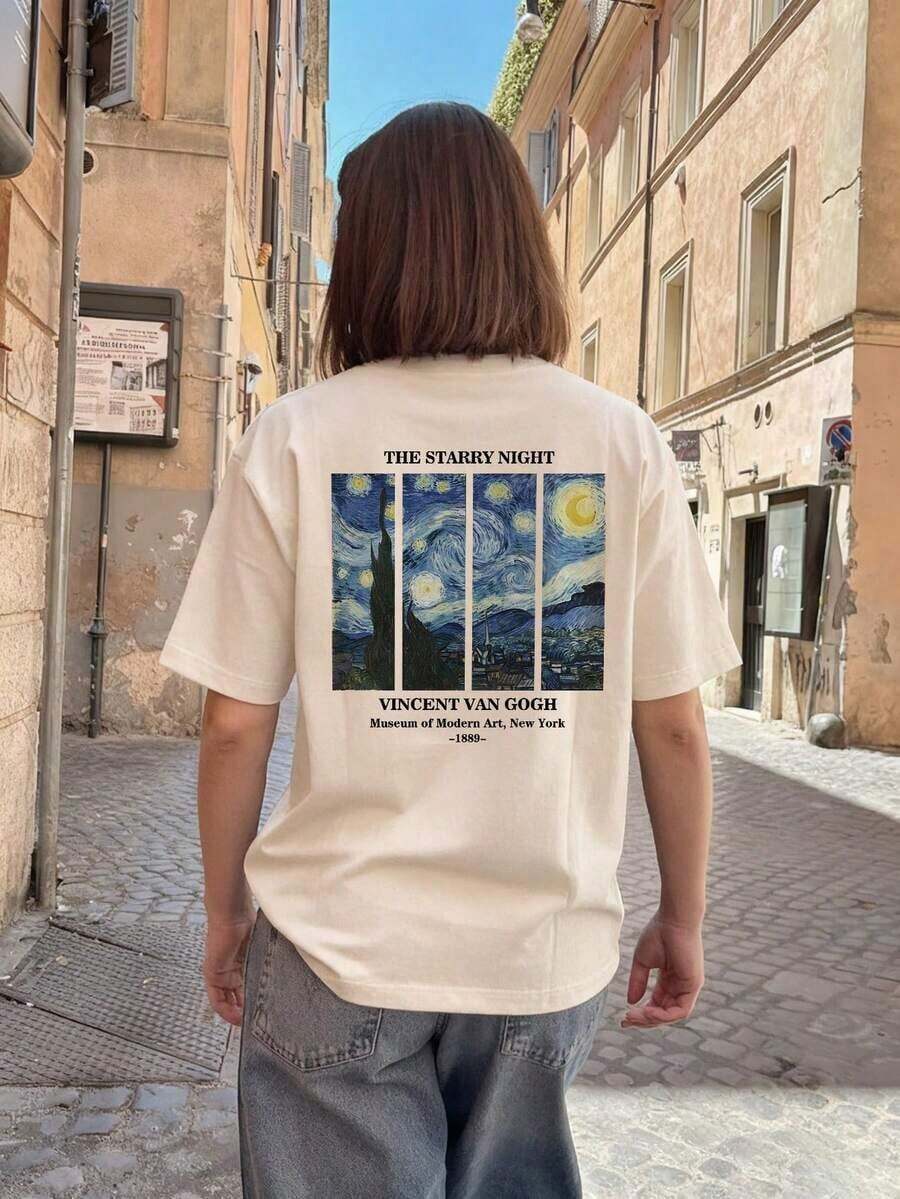 Women's Summer Personalized Letter Printed Pattern Round Neck-Shirt Fashionable And Versatile Women's Half Sleeve Small Shirt With Van Gogh Starry Print. Graphic Tees Women Pink Top White Top Black Top - 杏色 - 查看 1