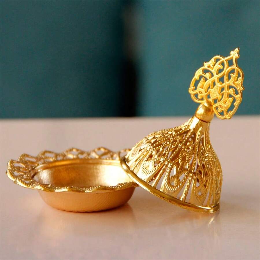 1 Set Vintage Arabic Style Metal Incense Burner, Retro Gold Incense Holder, Backflow Incense Burner Decor, Ash Tray, Desktop Miniature Ornament, Home Decor, Room Decor, Tabletop Decor, Creative Home Fragrance Gift - Big Round Head - View 1