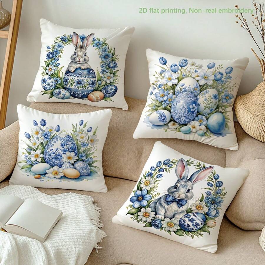 MEMNUN 4pcs Easter Vintage Rabbit, Blue & White Floral, Tulip, Daisy Flower Print Polyester Decorative Pillow Covers [No Pillow Insert], 17.7*17.7in(45*45cm)/19.69*19.69in(50*50cm)/15.75*15.75in(40*40cm), [Single-Sided Printing] Rabbit With Bow Tie, Blue & White Egg Easter Theme Throw Pillow Covers, Room Decor, Home Decor - Multicolor - View 1
