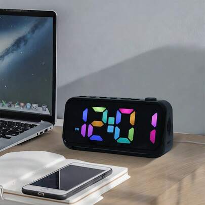 Reloj despertador digital LED RGB de 6 pulgadas con luz nocturna, pantalla multifuente, regulable, 5 niveles de volumen