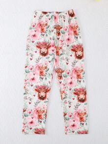 3 peças/Conjunto Pijama Casual e Fofo de Meninas com Estampa de Vaca das Terras Altas e Floral, Top de Manga Curta Gola Redonda, Shorts e Calça, Retardante de Chamas, Todas as Estações - Multicolorido - Visão 7