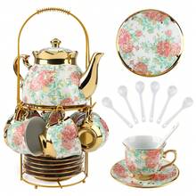 20-Piece Floral Teacup Set With Elegant Metal Tray - Porcelain Tea Service For Afternoon Tea, Coffee & Entertaining | Vintage European Style Ceramic Tea Cups & Saucers, Luxury Hostess Gift, Housewarming & Bridal Shower Gift Set - Multicolor - View 4