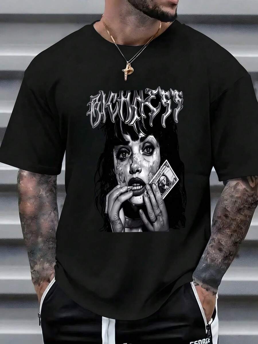 Camiseta Hombre, Estampado Arte Oscuro, Mujer + Billete, Estilo Alternativo, Casual Urbano,  Gótica, Streetwear Moda,playera de hombre,ropa de hombre,playeras,parejas,envio nacional,regalo para hombre,oversize hombre. - Negro - Ver 1