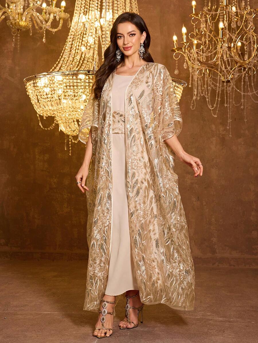 Đầm dạ hội Ả Rập đính sequin và ghép mảnh dành cho nữ - Rượu sâm banh - Xem 1