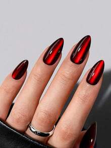 24片中号杏仁形全息亚克力美甲贴纸，Y2K粉/红色猫眼假指甲套装，适用于美甲沙龙、女士日常佩戴、节日和礼品 - 彩色 - 查看 2