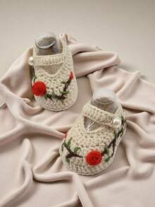 1 Pair Handmade Crochet Infant Booties With Rose Embroidery, Beige Knitted Lace-Up With Pearl Button, Floral Design - Beige - View 3