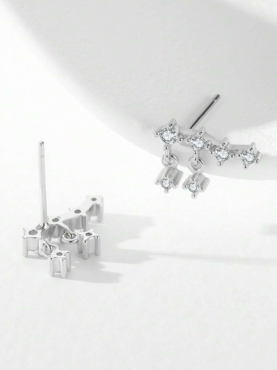 1 Paar 925 Sterling Silber asymmetrische kleine Creolen mit Zirkonia, minimalistischer eleganter Schmuck - Silber - Übersicht 1