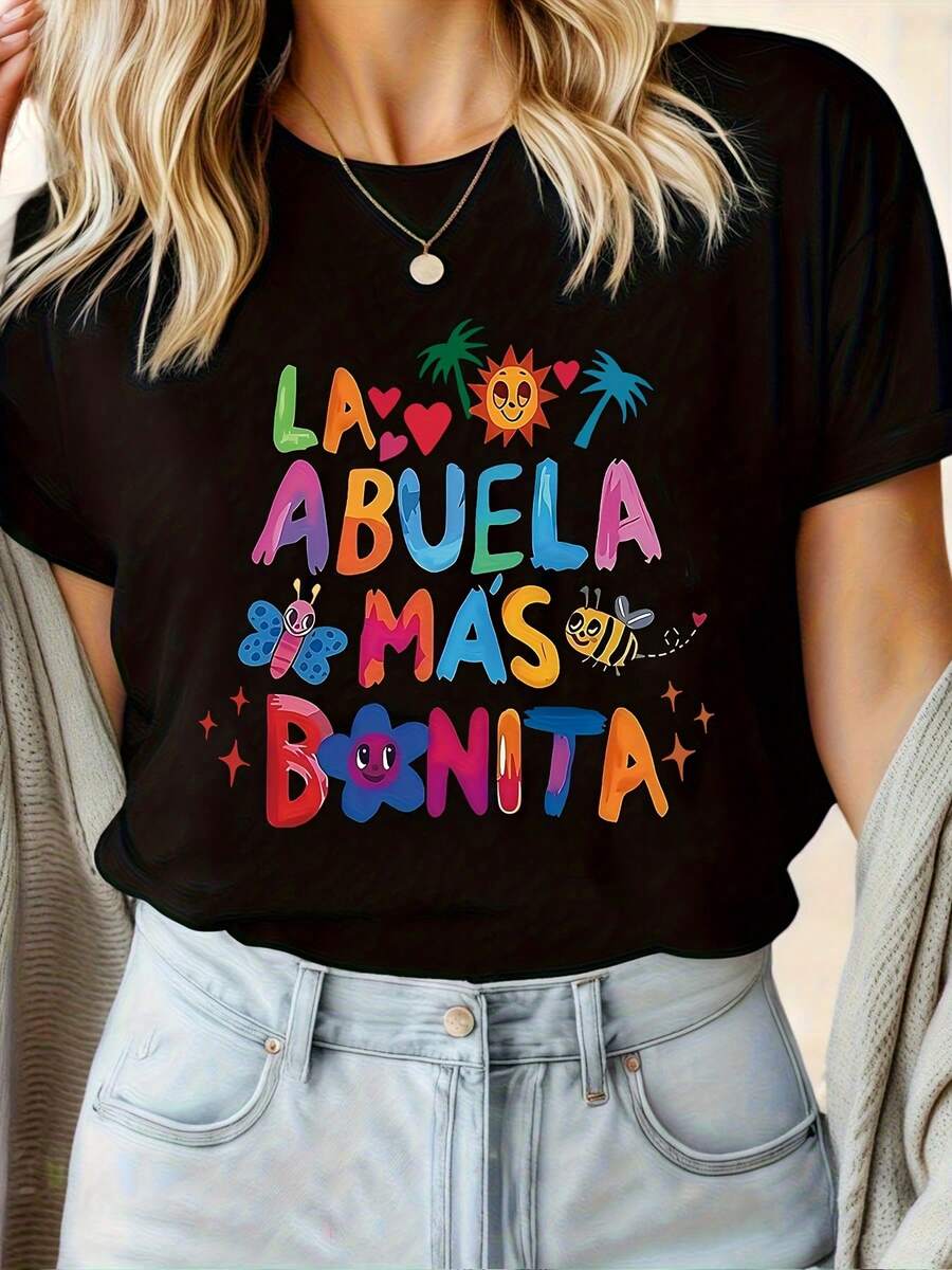 Camiseta de mujer con patrón de abuela estilo español - A ABUEA AS BONITA (La abuela más hermosa) Camiseta de manga corta negra con letras coloridas - Regalo de Día de la Madre, Cumpleaños Estilo Casual de Verano - Camiseta de cuello redondo no transparente, diseño temático de abuela, regalo divertido para abuelos - Negro - Ver 1