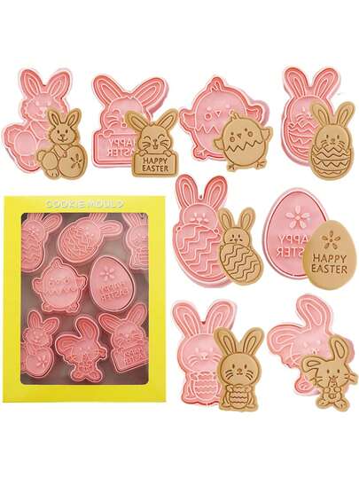 8pcs Easter Bunny Cookie Cutter Mold Set, Cartoon Cute Rabbit & Egg Design For Cookies, Chocolates & Steamed Buns - Durable Plastic, Flip Sugar Baking Tool, Perfect For Holiday,Spring Easter Party Decor