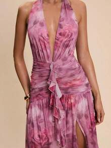 Valentine Outfits For WomenBAE Sexy Minimalist Solid Yellow Cream Deep V-Neck Halter Bodycon Ruched Fitted Women's Maxi Mesh Dress, Suitable For Party, Cocktail, Formal Occasions, Bridesmaid, Birthday, Business Casual, Elegant Women Maxi Dress,Valentine's Day,Valentine Fits For WomenLoose And Comfortablevalentine's Day - 粉色 - 查看 6